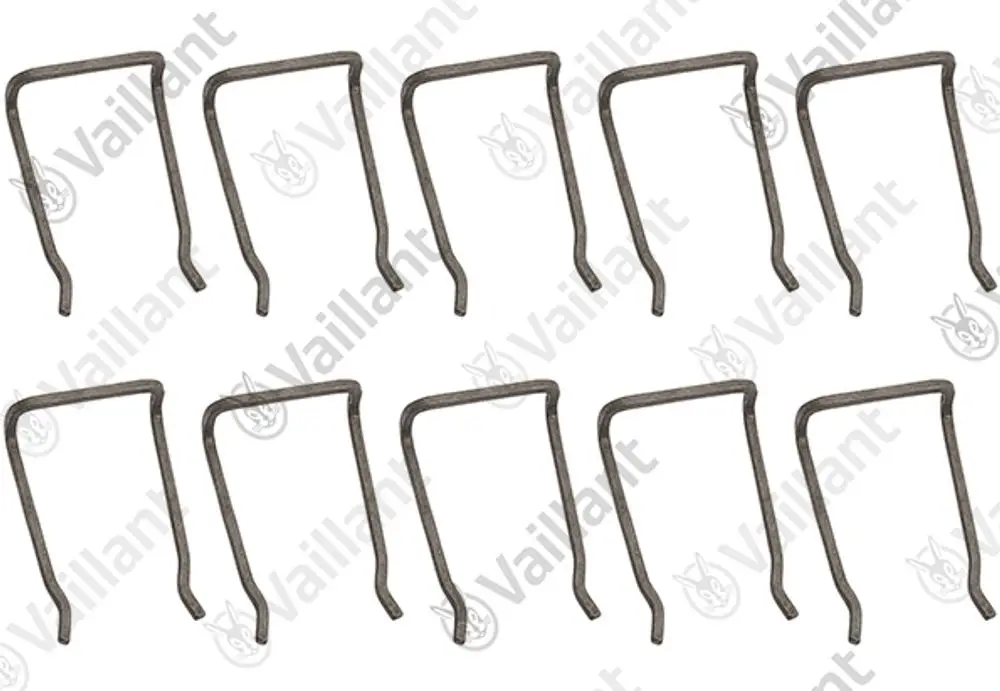 Vaillant Clips in verschiedenen Positionen angeordnet, zum Einsatz bei Heizungsinstallationen. Zehn Clips sichtbar, ohne zusätzliche Informationen oder Maße.